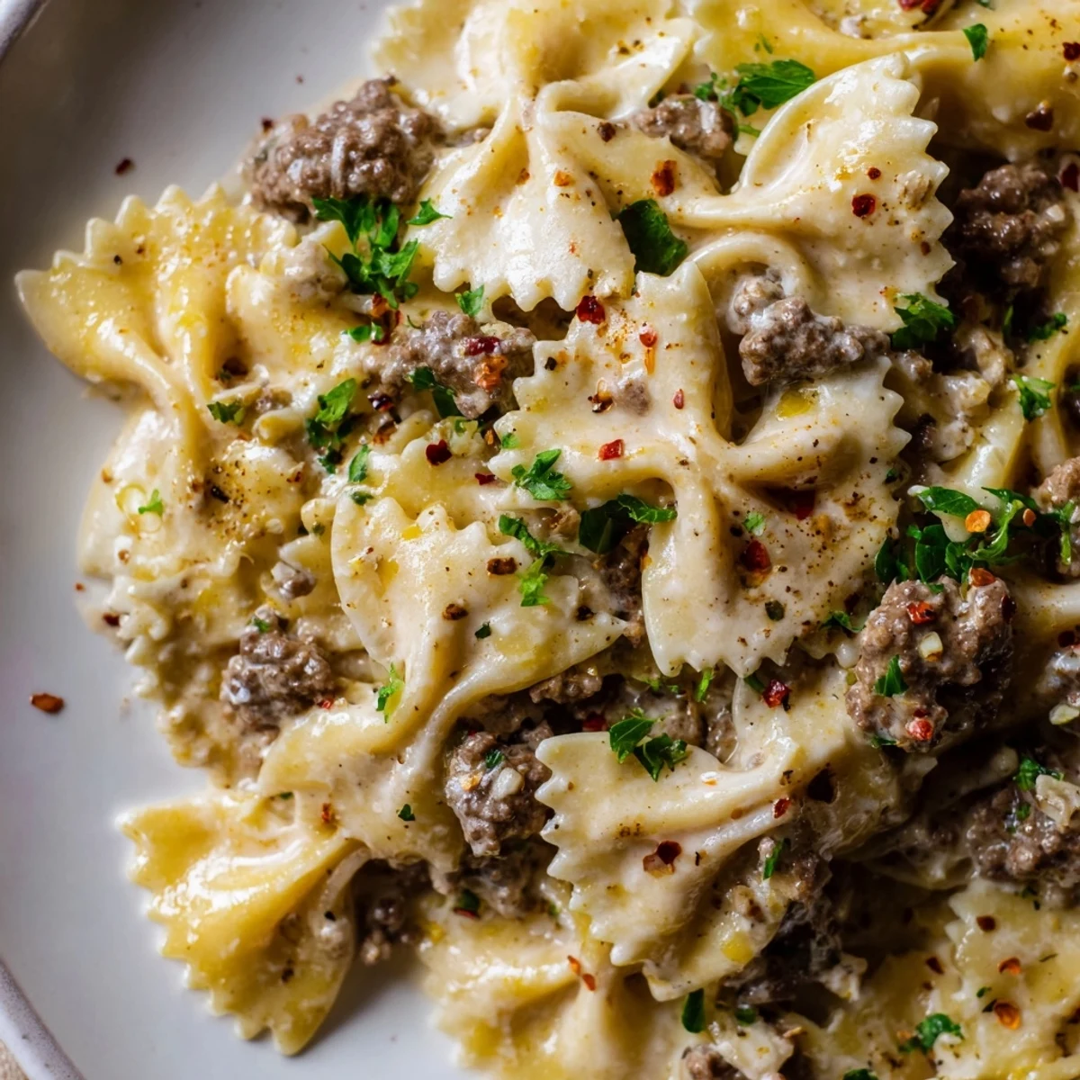 Creamy Beef and Bowtie Pasta with Alfredo Sauce, perfect for weeknight dinners.  