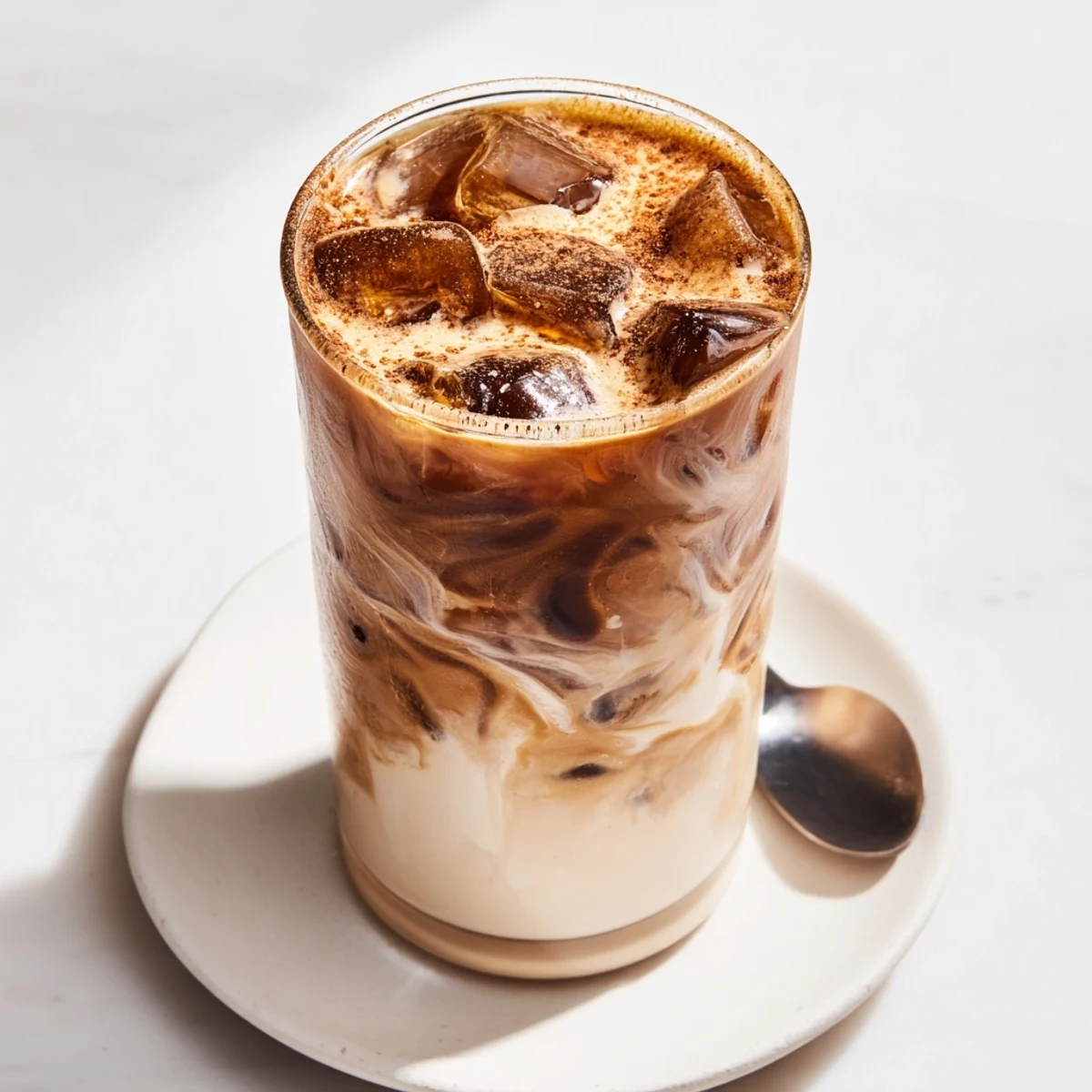 Rich, nutty tahini iced coffee drink served in tall glasses with ice.  