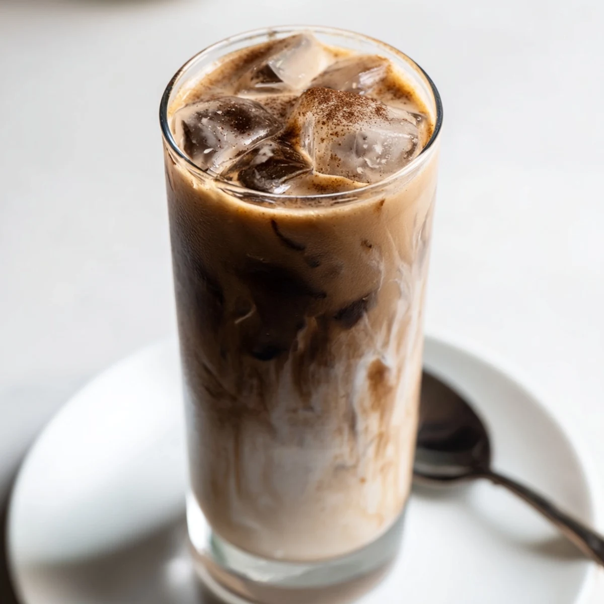 Vegan tahini iced coffee featuring a silky blend of cold brew and sweetness.