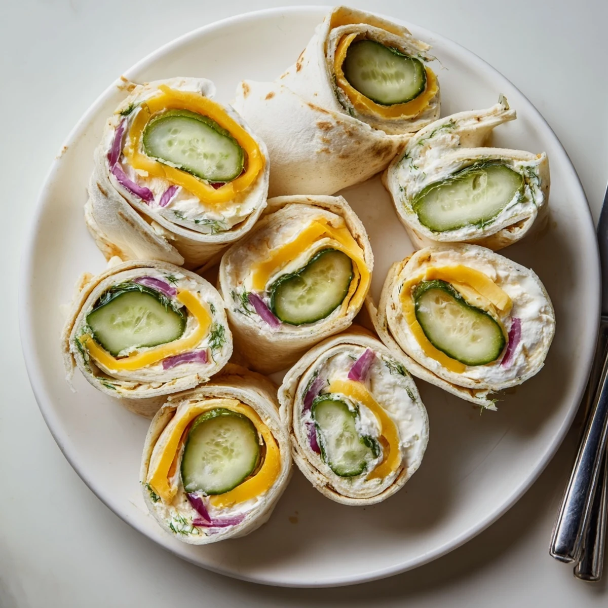 Tangy pickle-in-a-blanket wrapped in tortillas, served as delightful party appetizers.  