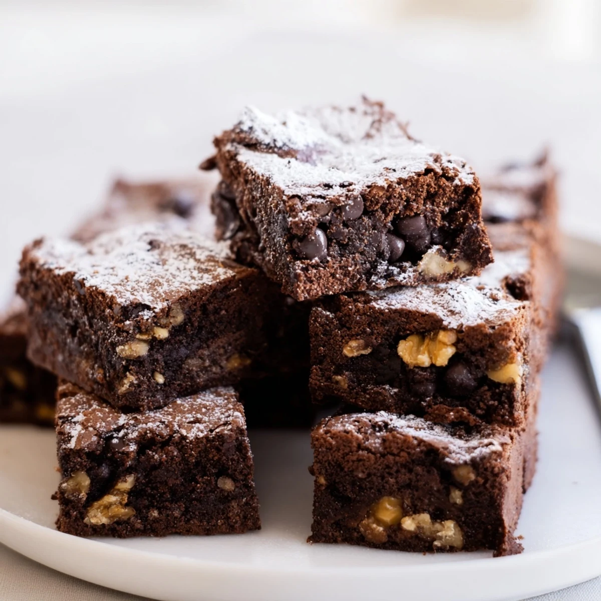 Decadent zero-waste brownies topped with dark chocolate chips and chopped nuts.  
