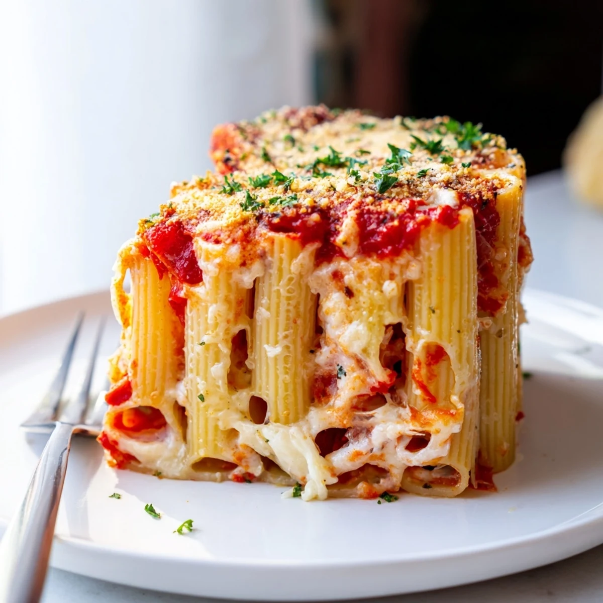 Delicious Honeycomb Pasta Cake, filled with ricotta, tomato sauce, and melted cheese.  