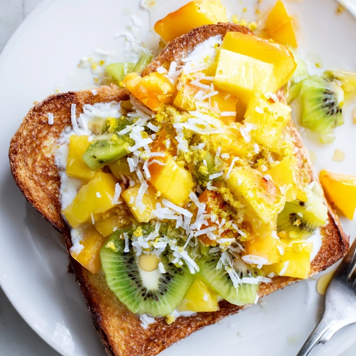 Golden-brown Yogurt-Custard Toast featuring coconut yogurt and fresh, fruity toppings.  