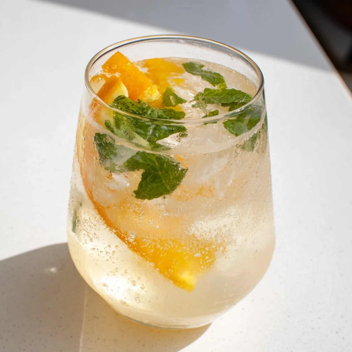 Lightly sparkling probiotic soda mocktail served over ice and garnished with orange slices.  