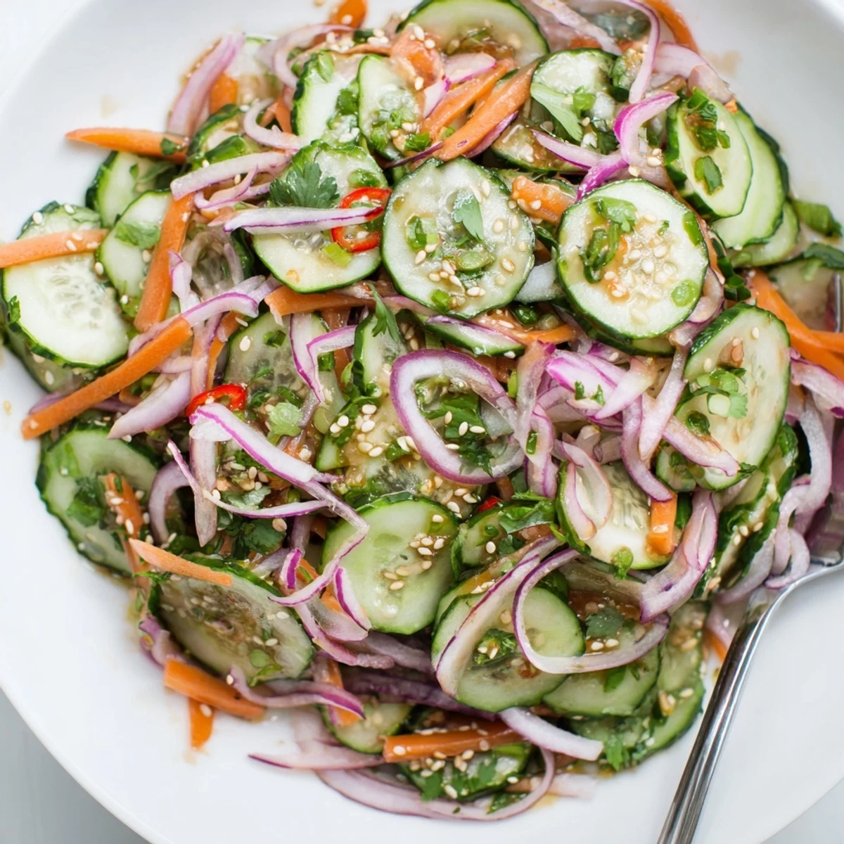 Refreshing cucumber salad remix featuring vibrant vegetables and tangy Asian dressing.  