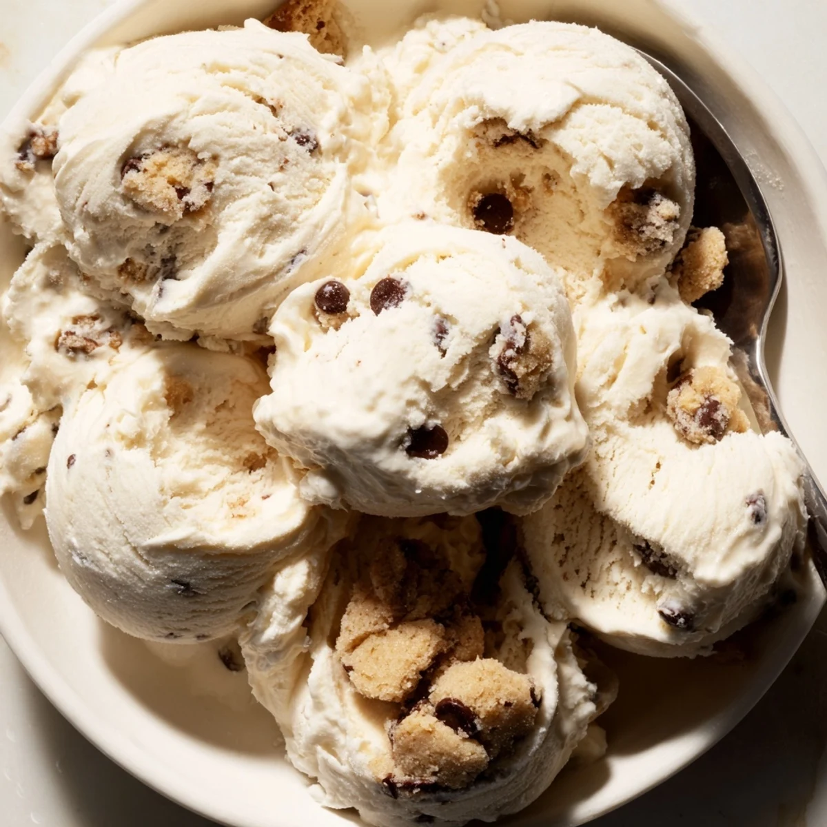 Refreshing cottage cheese ice cream loaded with chocolate chip cookie dough bites.