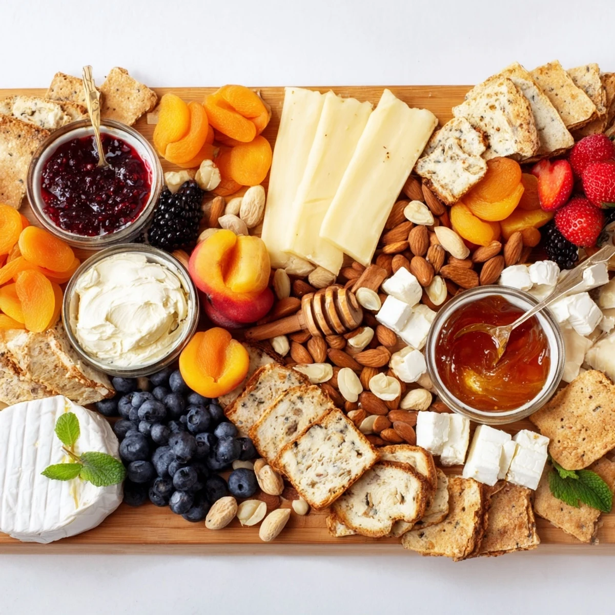 A colorful jam-infused brunch board brimming with fruits, cheeses, and artisan breads.  