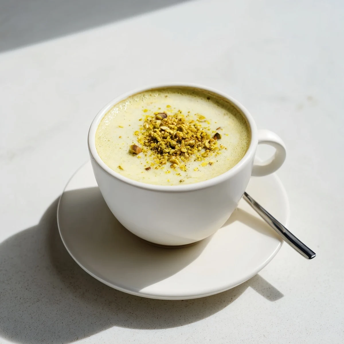 Creamy pistachio milk latte topped with froth and crushed nuts for garnish.  