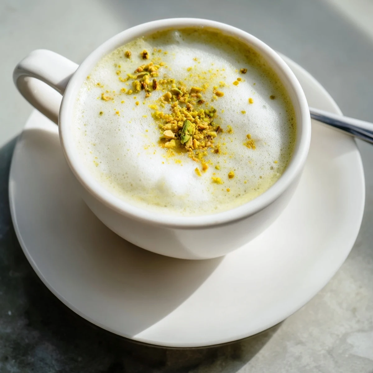Delicious pistachio milk latte served hot, perfect for cozy mornings.