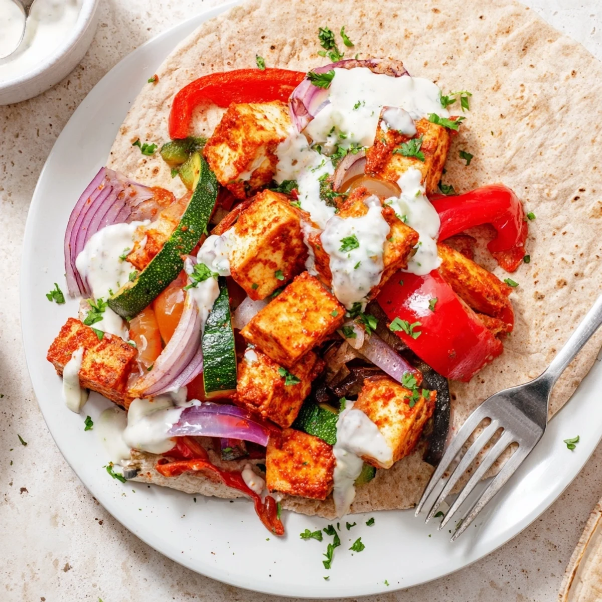 Colorful Vegan Viral Recipe re-make featuring roasted tofu and vibrant veggies on a plate.  