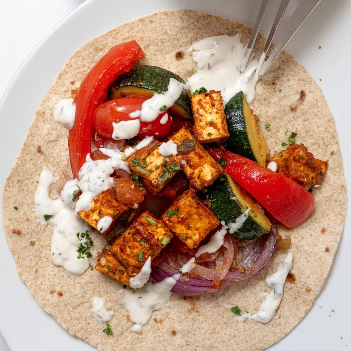 Delicious Vegan Viral Recipe re-make served in whole wheat wraps, garnished with parsley.  