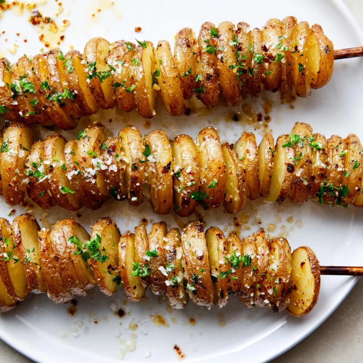 Crispy air-fryer tornado potatoes seasoned with garlic and paprika on skewers.  
