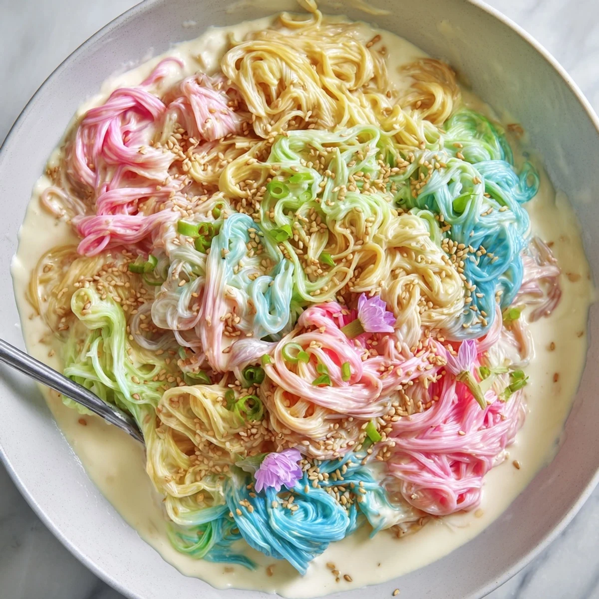 Vibrant Neon Noodle Cloud served in a creamy sauce, garnished with scallions.  