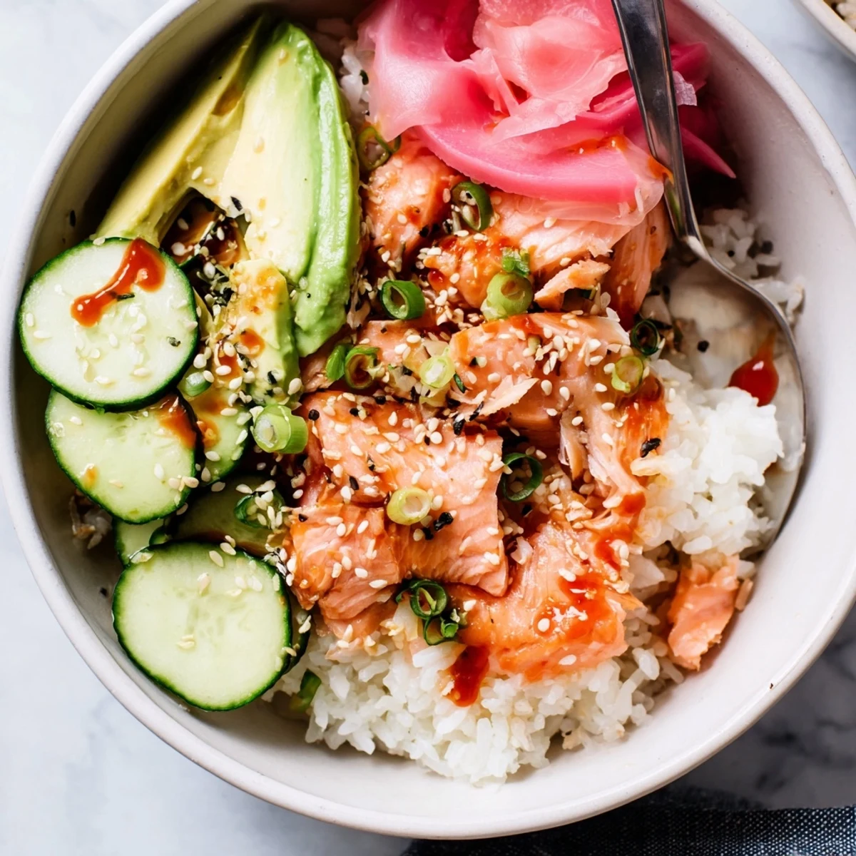 Delicious leftover salmon and rice bowl topped with vibrant fresh vegetables.  