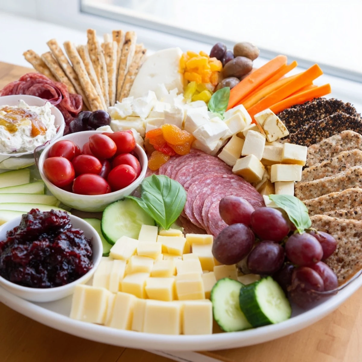 Artfully arranged Girl Dinner Platter featuring vibrant vegetables and creamy cheeses.  