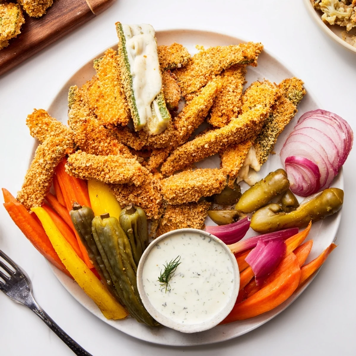 Crispy Fried Pickles and pickled vegetables create a perfect Pickle Lovers Meal platter.  