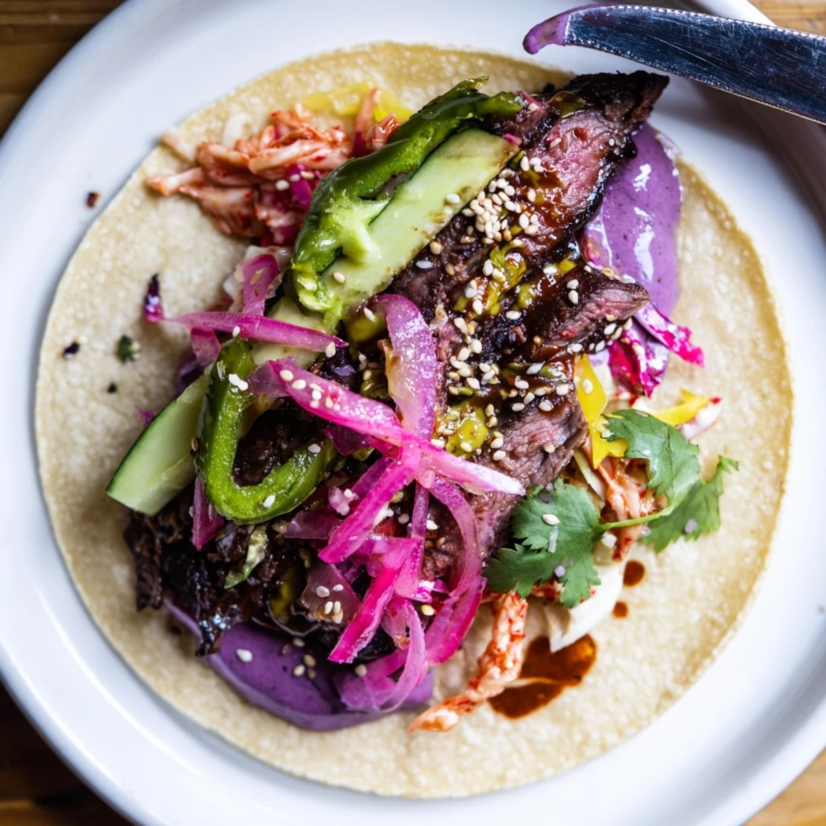Vibrant Global Street-Food Fusion Tacos topped with colorful ingredients and creamy ube crema.  