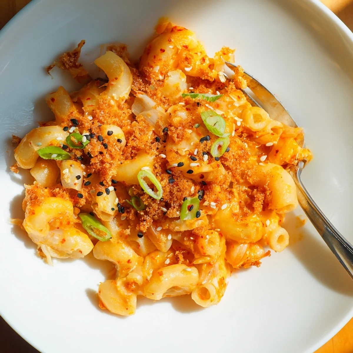 Creamy Spicy Kimchi Mac & Cheese topped with crispy panko and sesame seeds.