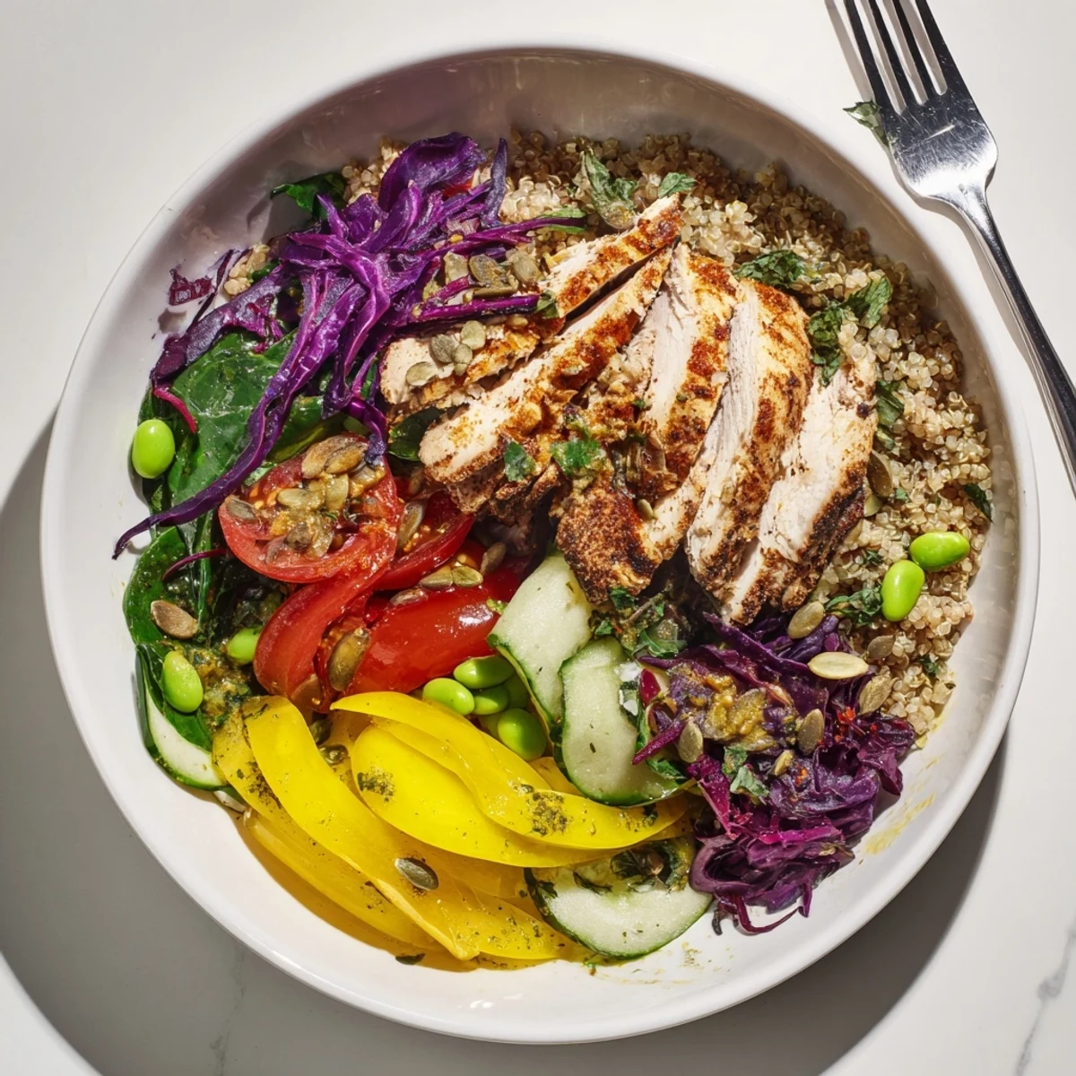 Vibrant Healthy Meal-Prep Bowls stacked with colorful vegetables and quinoa layers.  