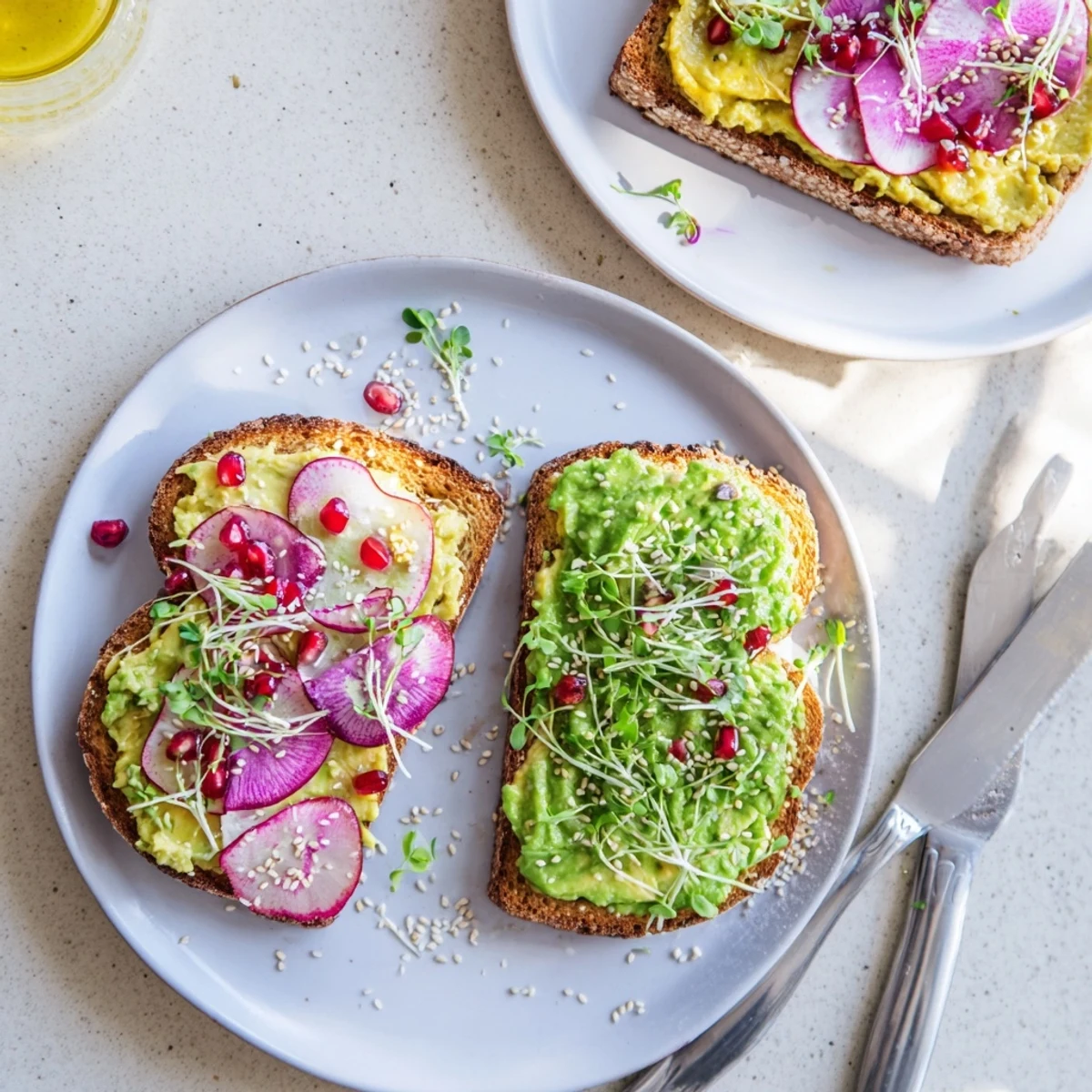 Vibrant Bright & Bold Breakfast Toasts topped with ube, avocado, and fresh garnishes.  