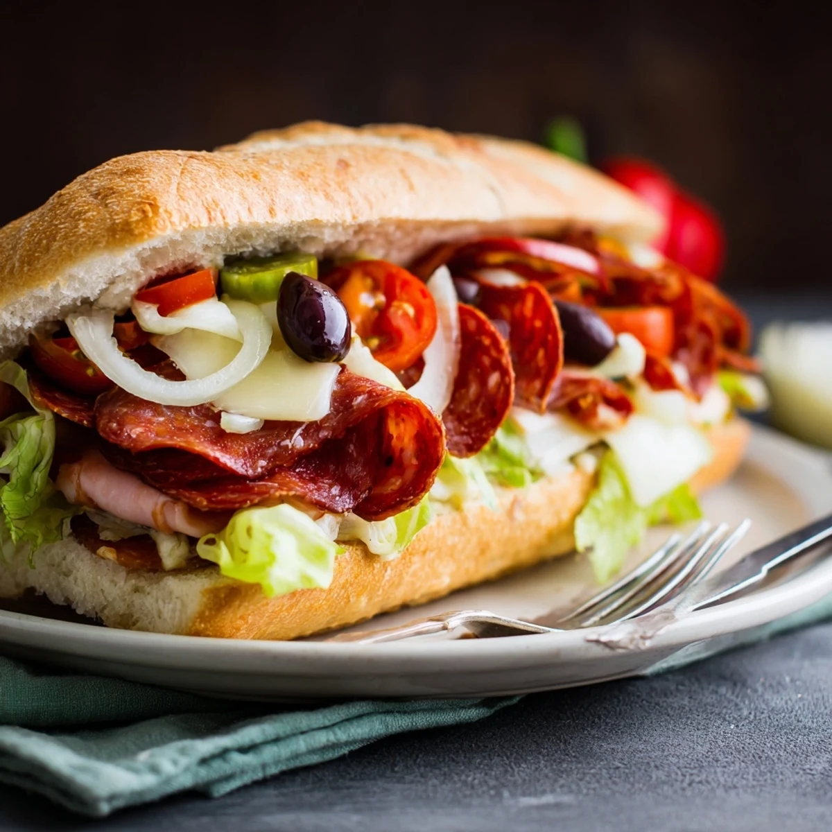 A loaded Flavor Mash-Up Sandwich bursting with vibrant Italian meats and cheeses.  