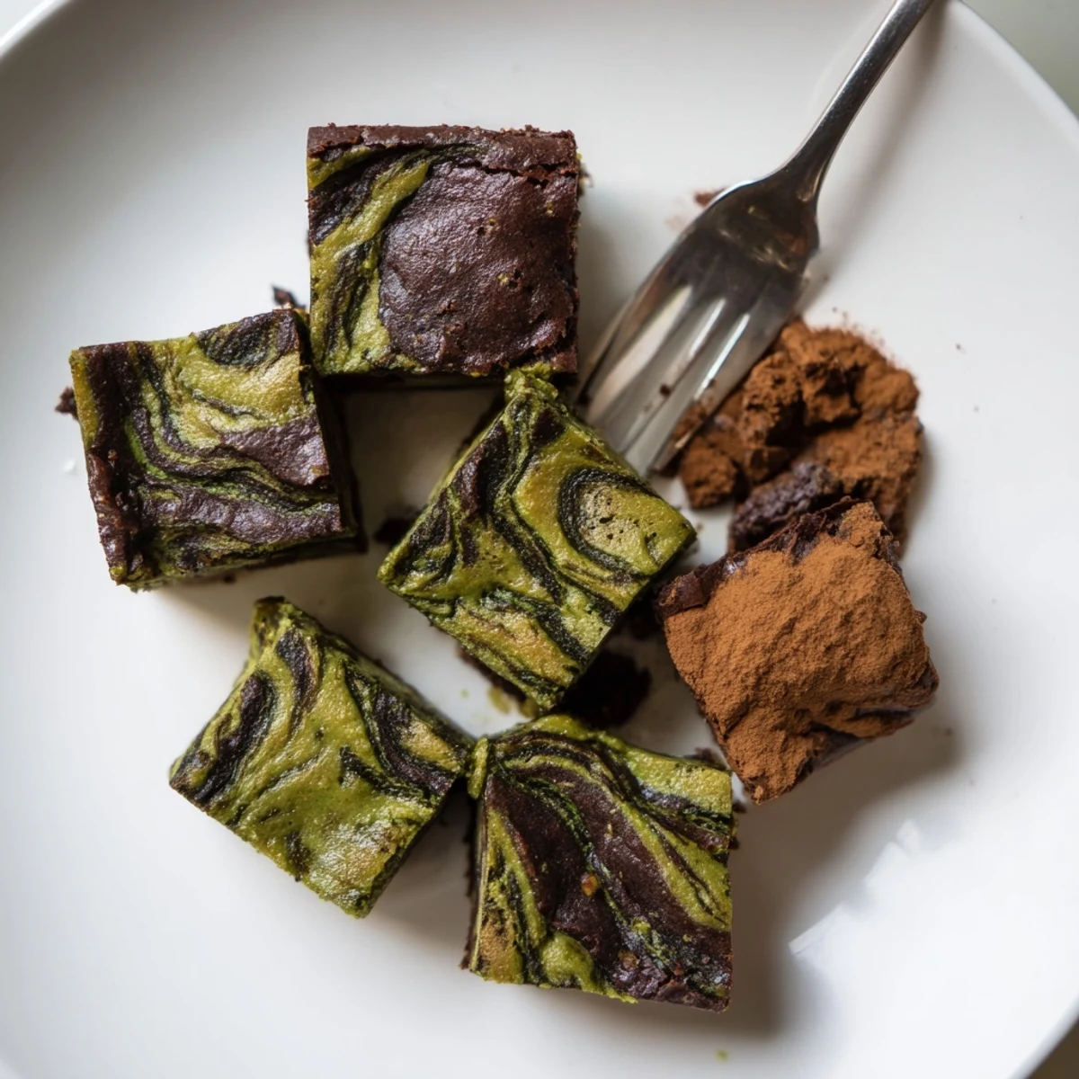 Matcha-Miso brownies with a fudgy texture and vibrant green hue spread across a plate.  
