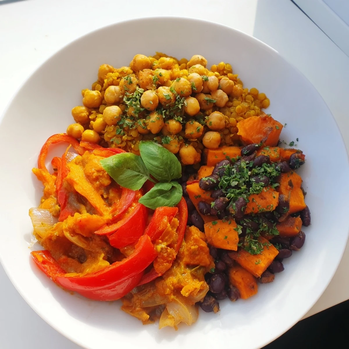 Colorful Thai red lentil curry with fresh basil, perfect for a comforting dinner.