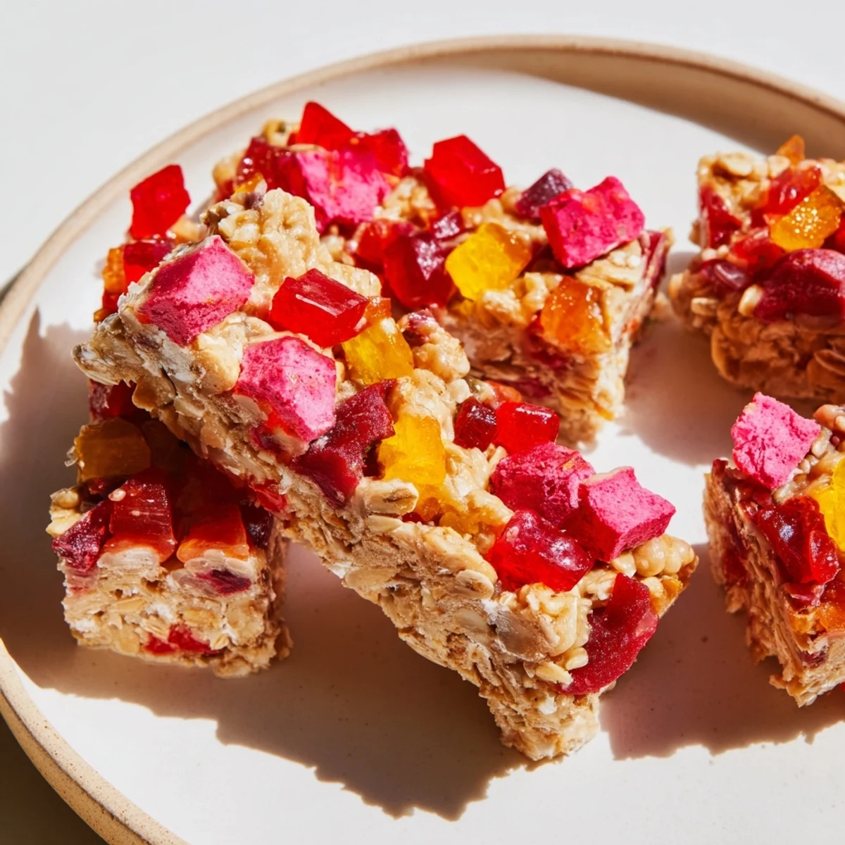 Wholesome snack bars featuring vibrant homemade gummies and crunchy freeze-dried fruit.