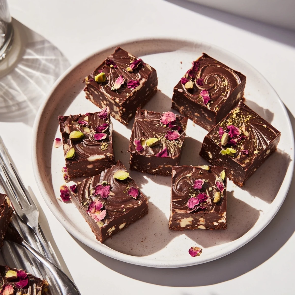Decadent chocolate bar inspired creations with pistachios and coconut crunch topping.  