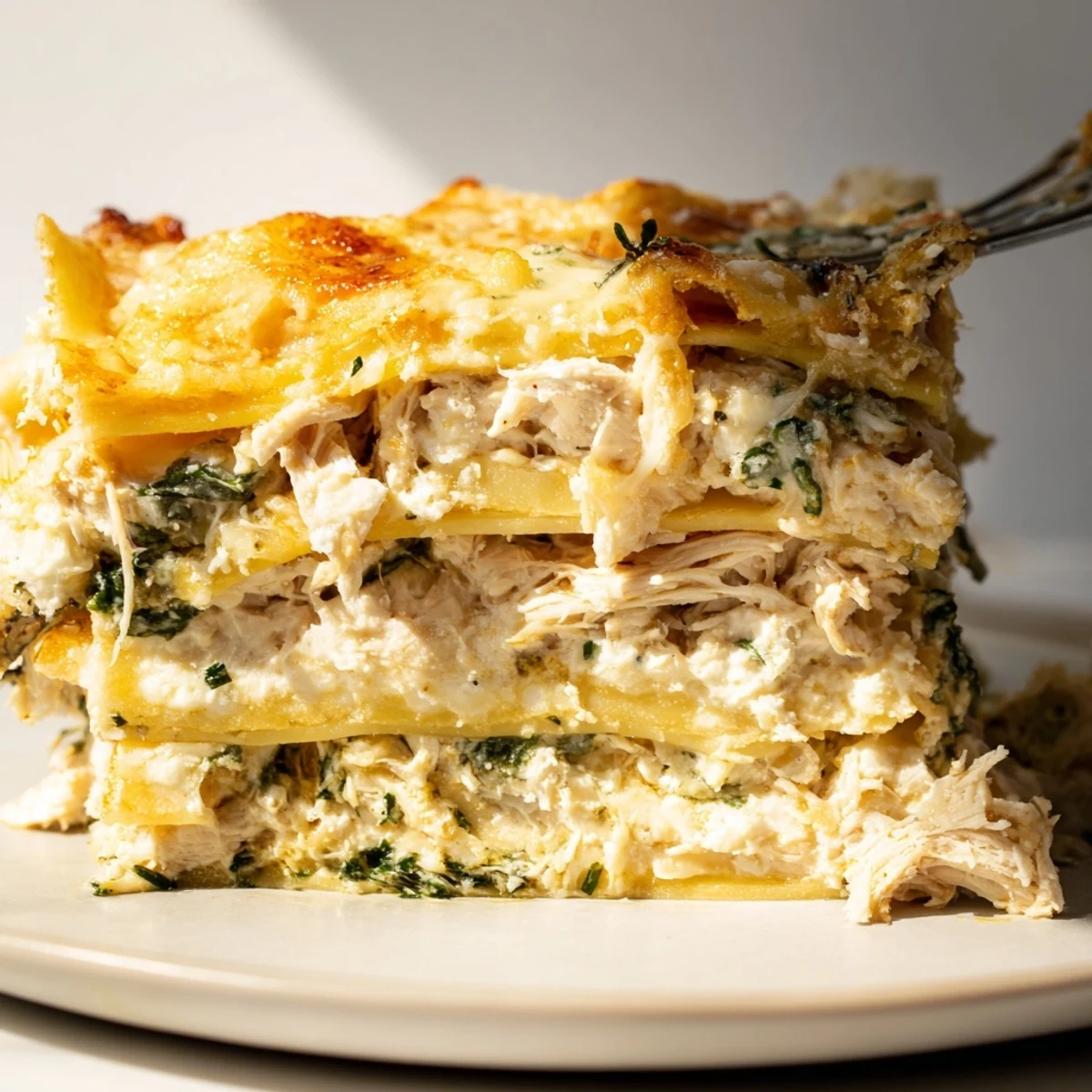 Savory rosemary chicken lasagna topped with golden mozzarella and bubbling béchamel sauce.  