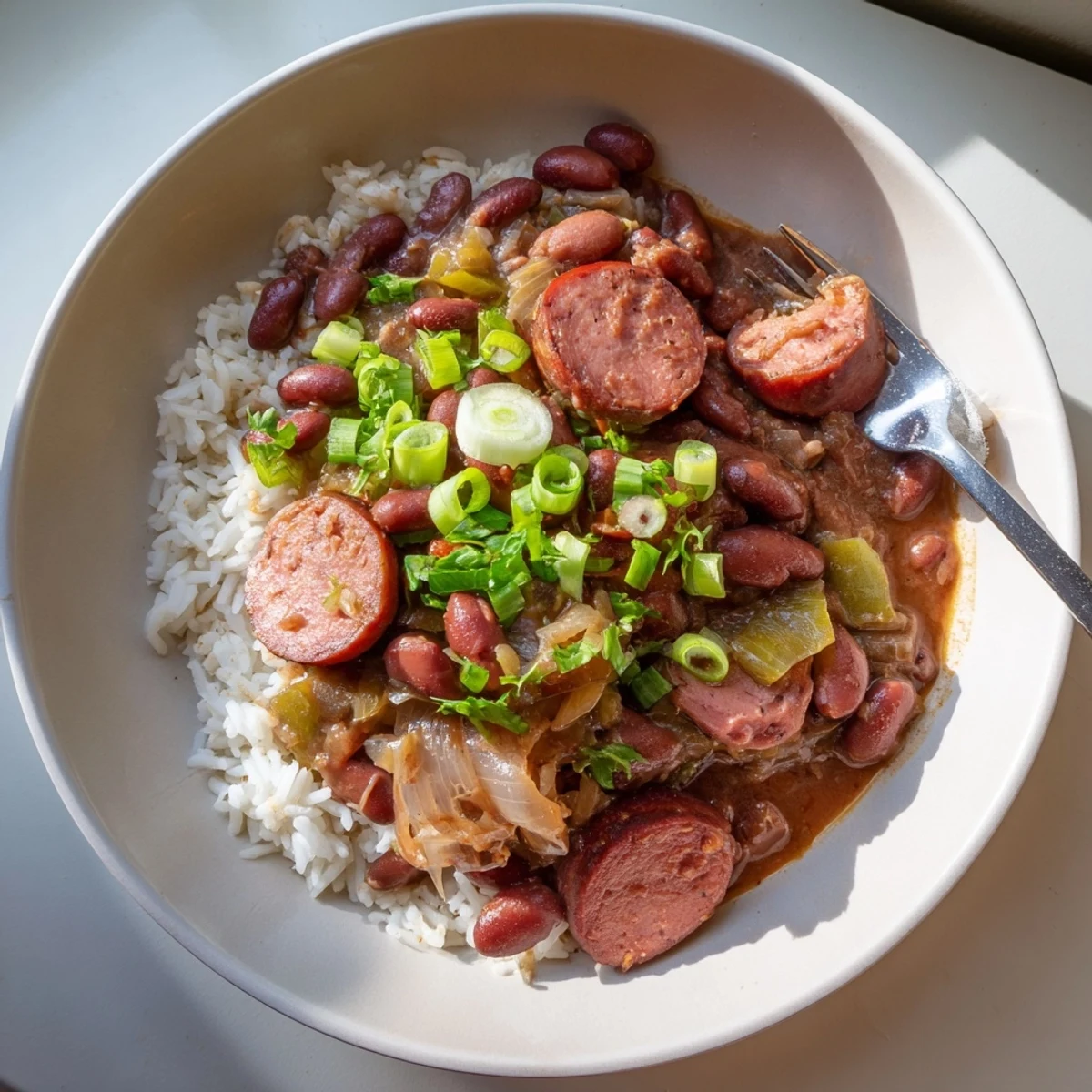 Hearty red beans & rice topped with green onions and parsley, perfect for dinner.  