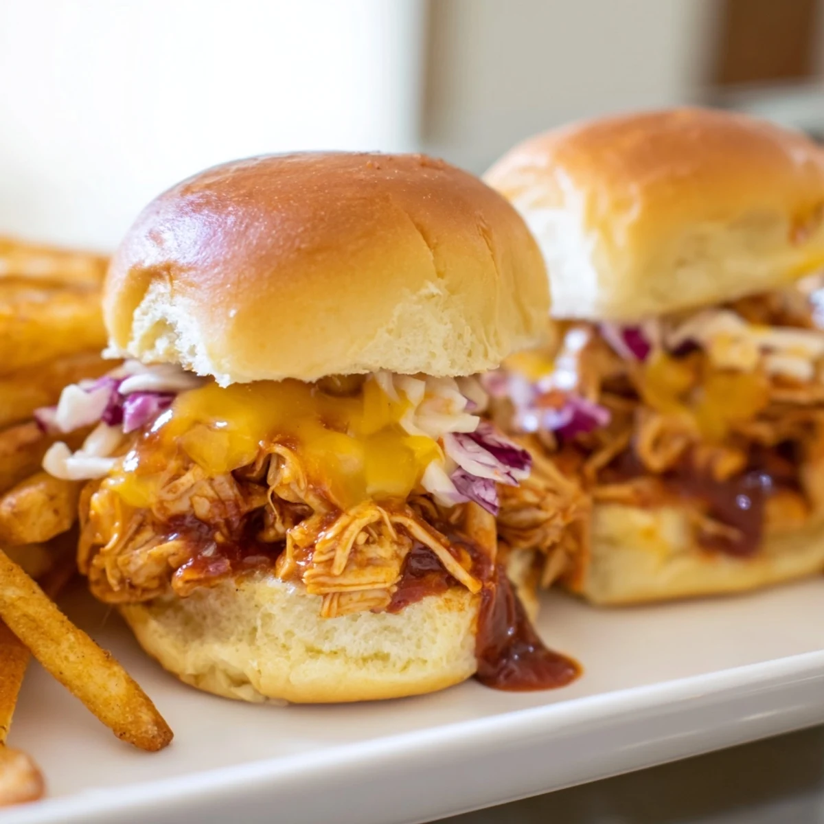 Crispy fries served alongside savory BBQ chicken sliders for casual gatherings.  