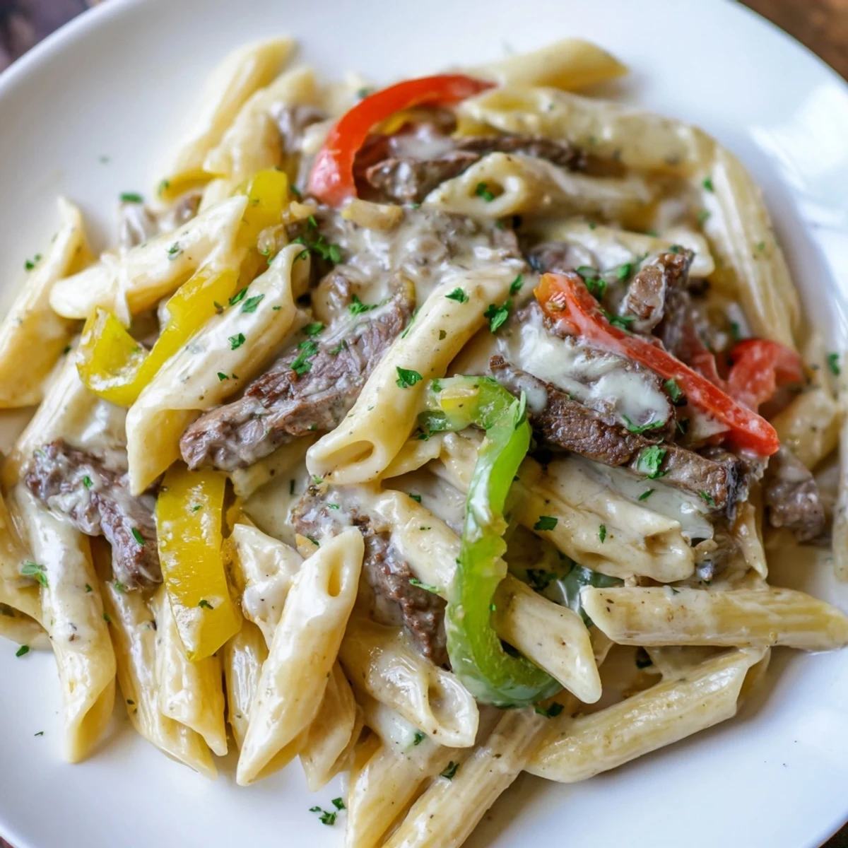 Succulent Philly cheese steak pasta with creamy cheese sauce and vibrant peppers.  