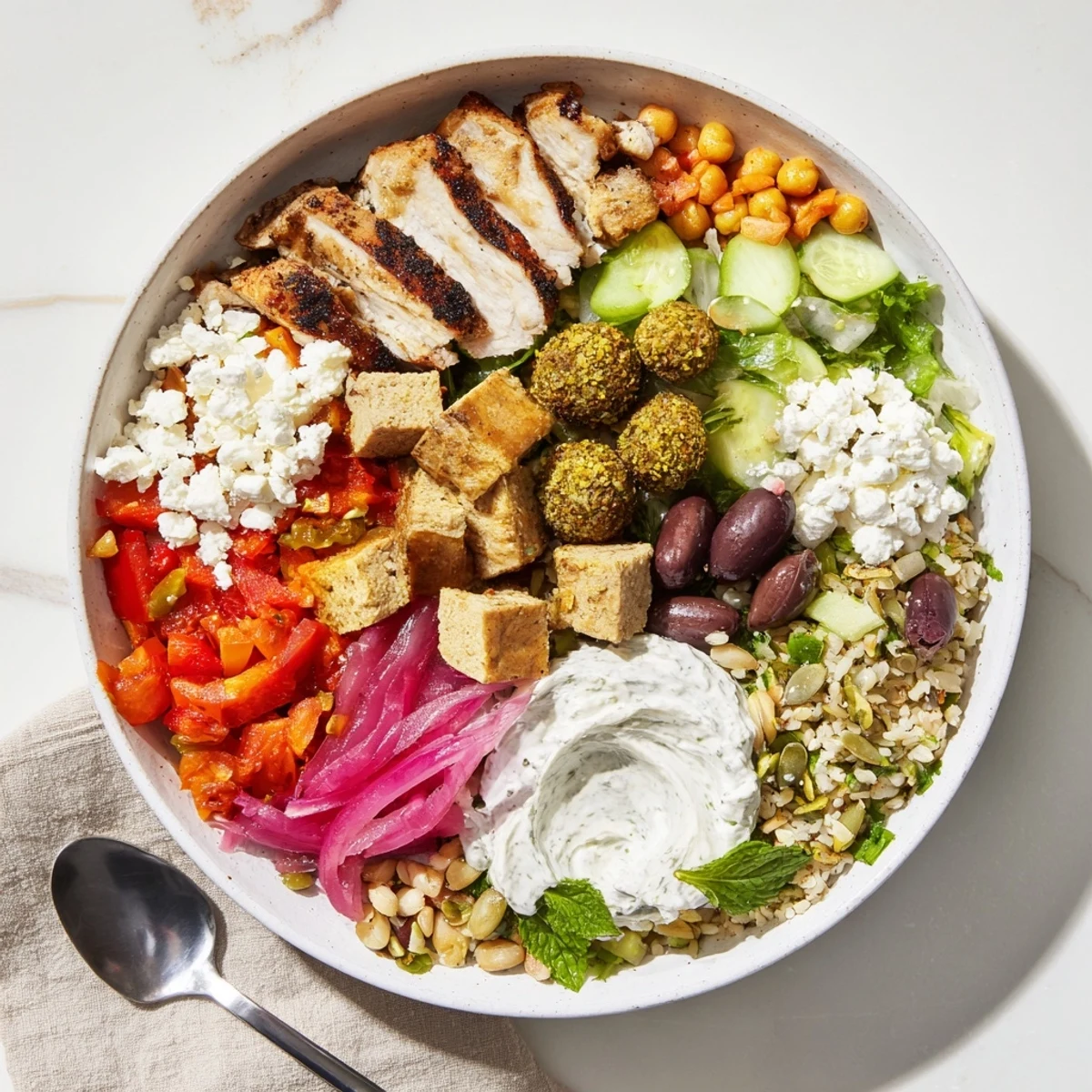 Interactive plated meals let guests craft unique bowls with grilled proteins and tasty toppings.  