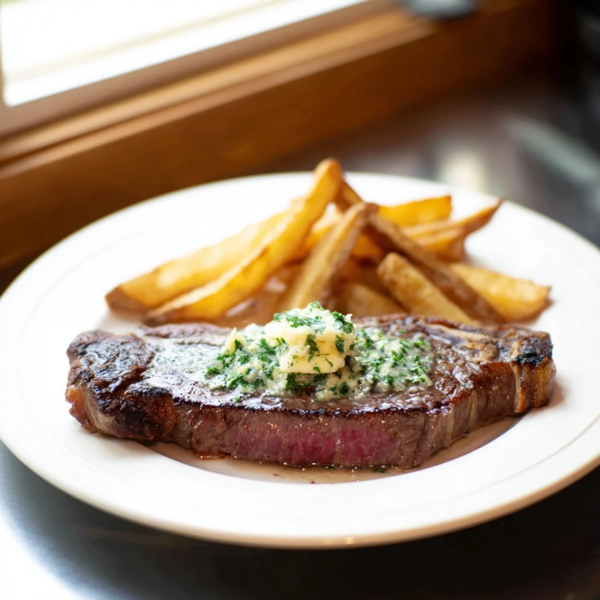 Juicy Steakhouse Garlic Butter Steak & Fries, seared to perfection and topped with flavorful herb butter.