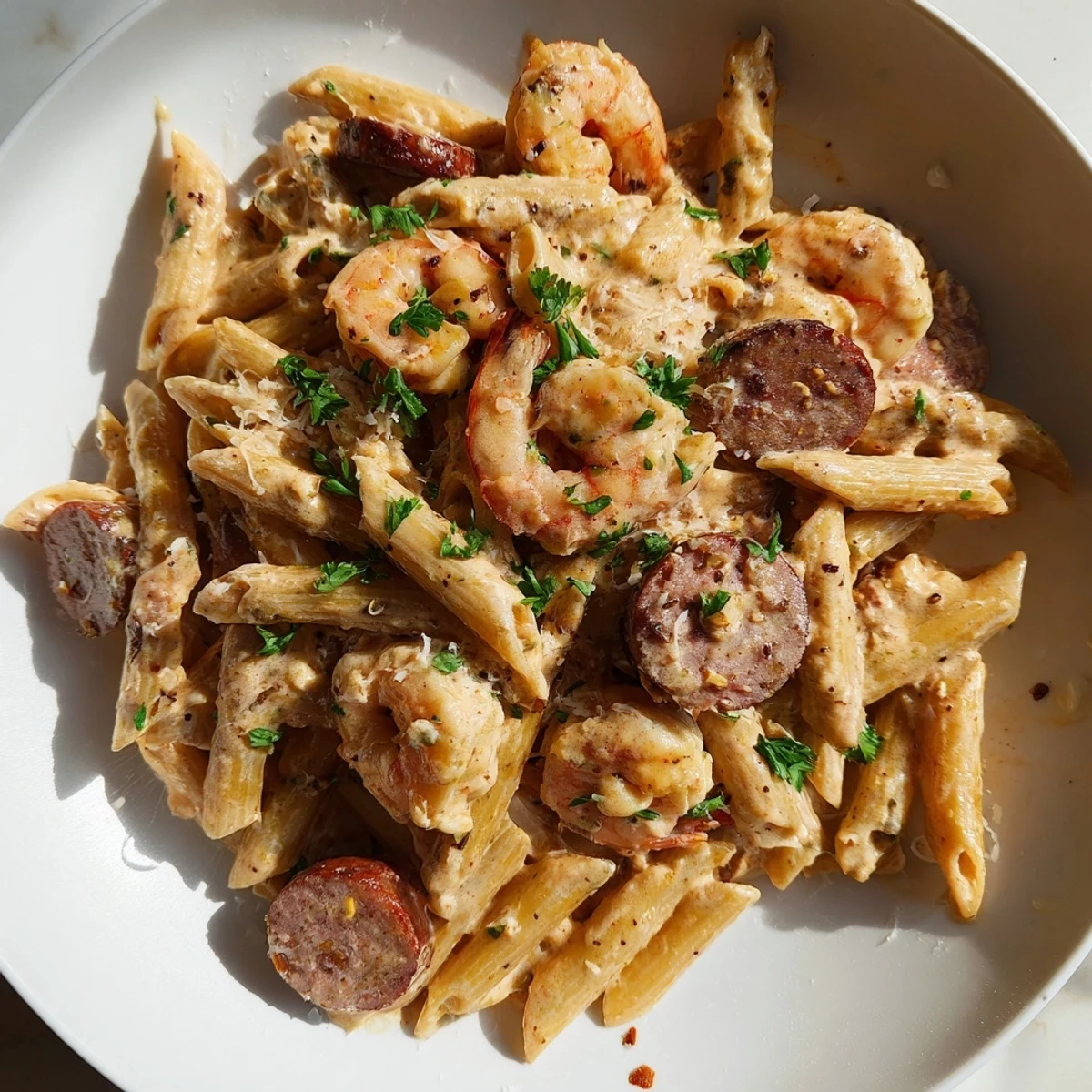Cajun Sausage & Shrimp Alfredo Pasta Skillet: a vibrant photo of the creamy, flavorful, one-pan pasta dish.