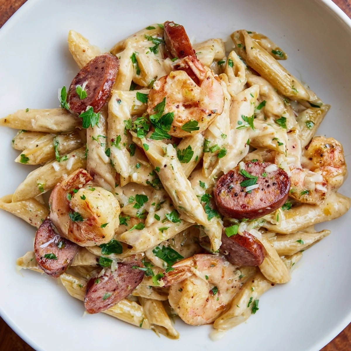 This Cajun Sausage & Shrimp Alfredo Pasta Skillet shows tender shrimp and sausage coated in rich, cheesy sauce.