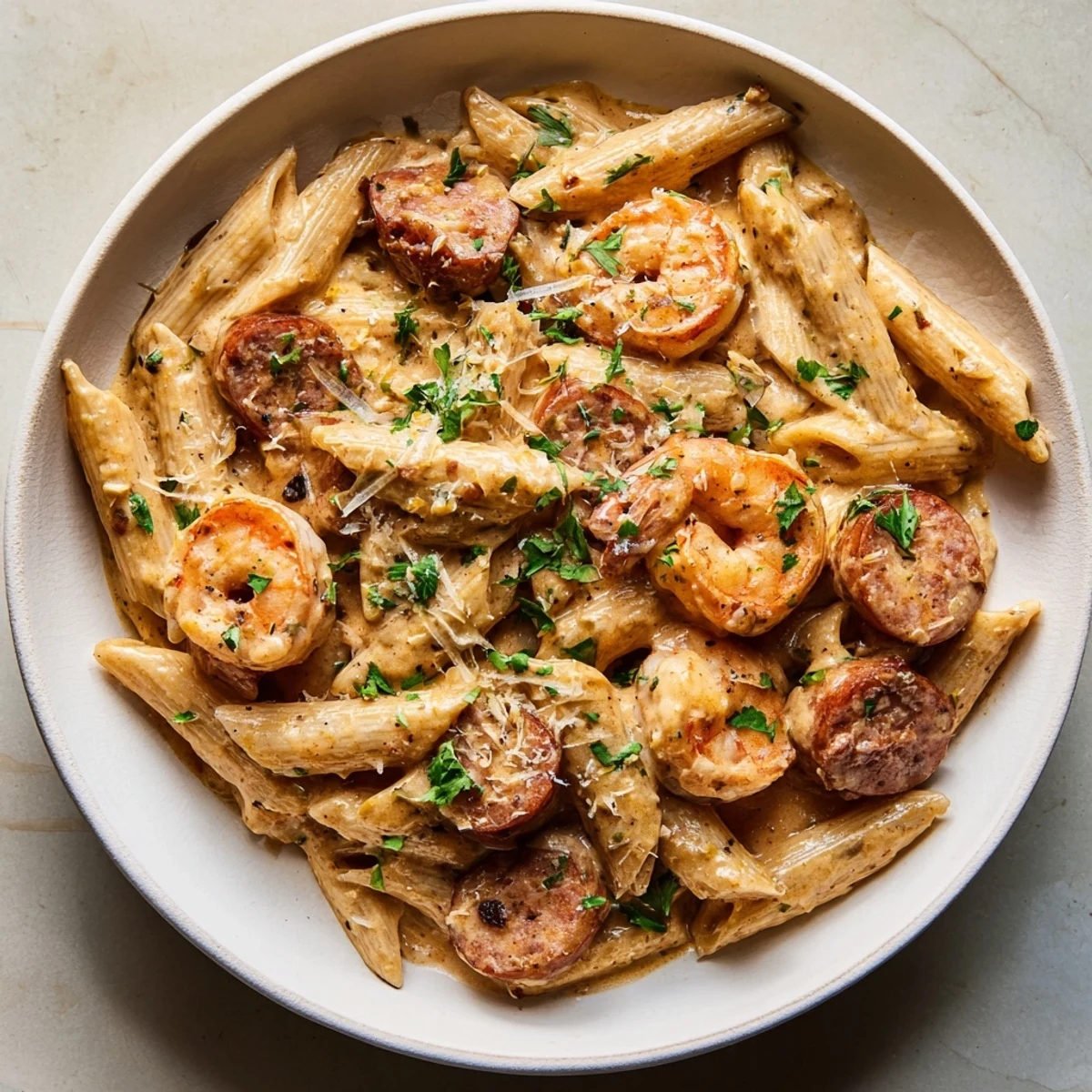 A close-up view of a Cajun Sausage & Shrimp Alfredo Pasta Skillet, ready to be served hot and delicious.