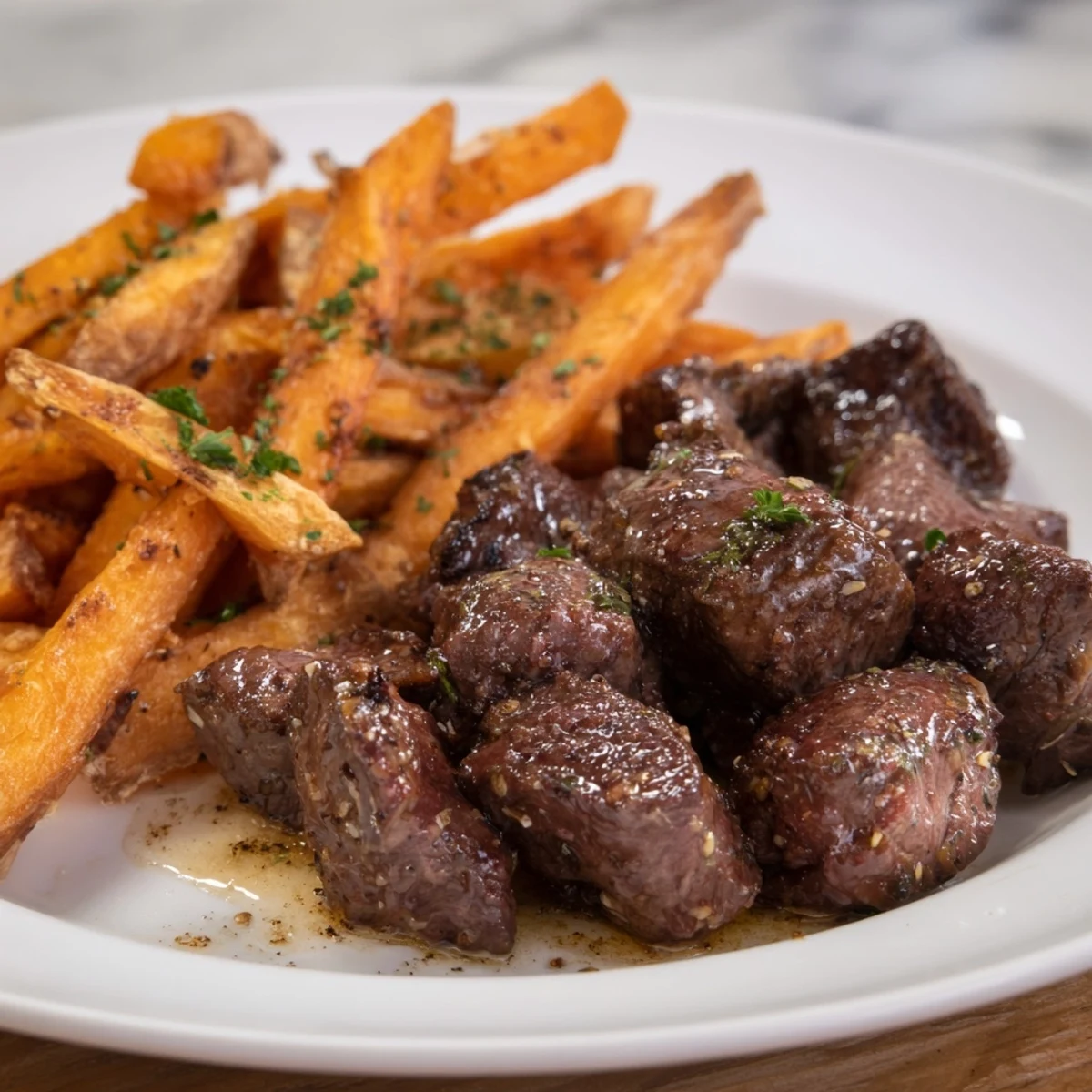 Blackened Cajun steak bites with perfectly cooked fries: a flavorful, savory, and visually appealing meal.