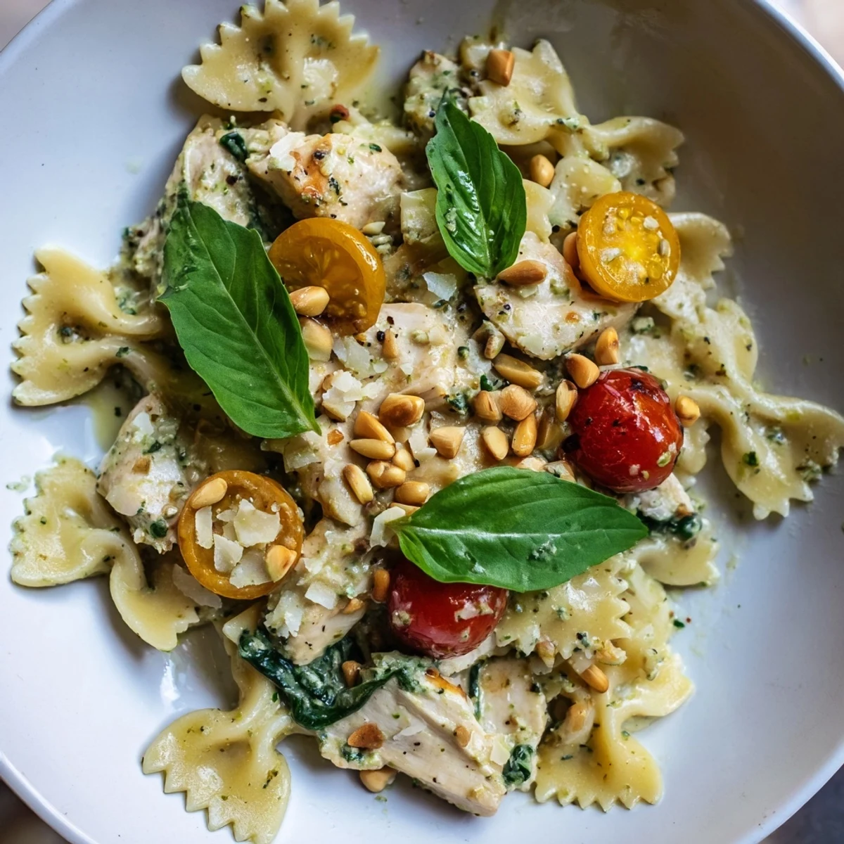 Golden, bite-sized chicken pieces in creamy pesto sauce, served with bowtie pasta.