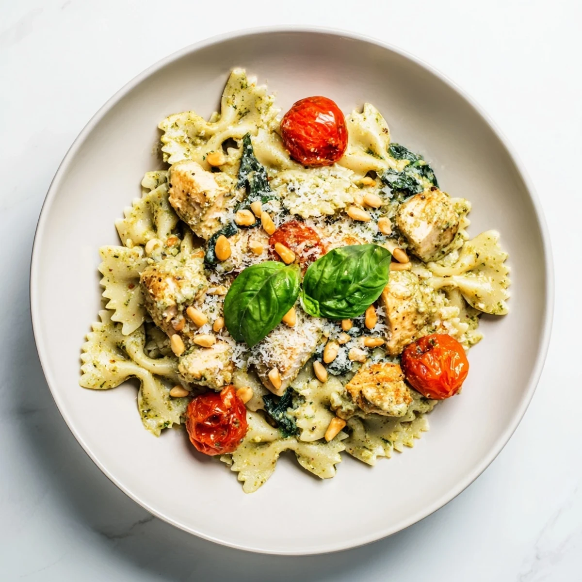 A delicious bowl of pesto chicken bowtie pasta, ready for a flavorful Italian-American meal.