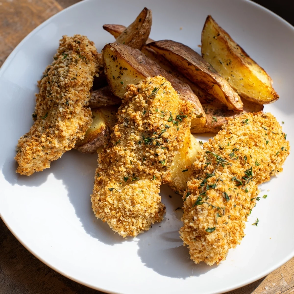 Golden-brown herbed chicken tenders and potato wedges; a flavorful, crispy, family-friendly American meal.