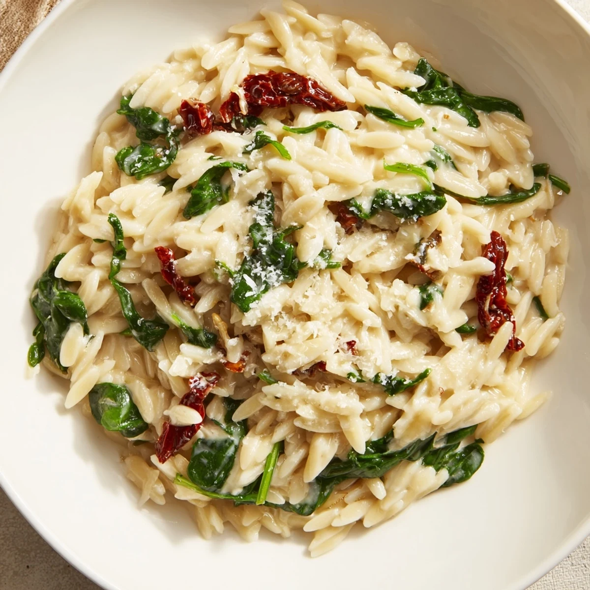 Steaming Creamy Tuscan Orzo Bowl, garnished with fresh Parmesan cheese and herbs, perfect for a cozy dinner.