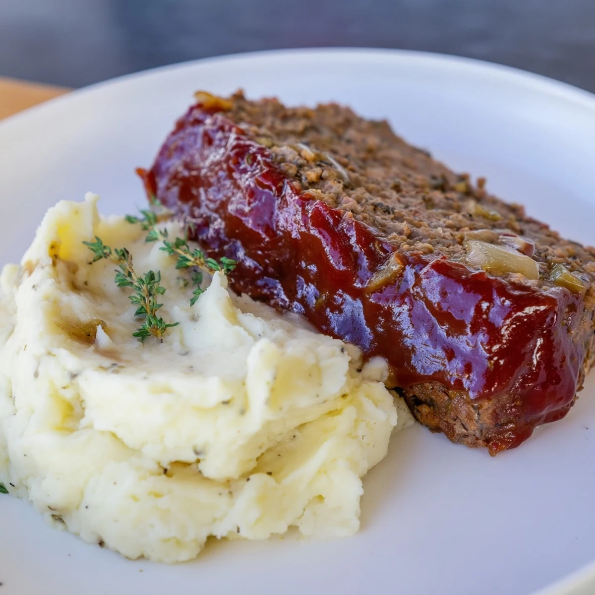 Classic meatloaf and mashed potatoes, golden brown, juicy meatloaf slices on a plate with creamy mashed potatoes.
