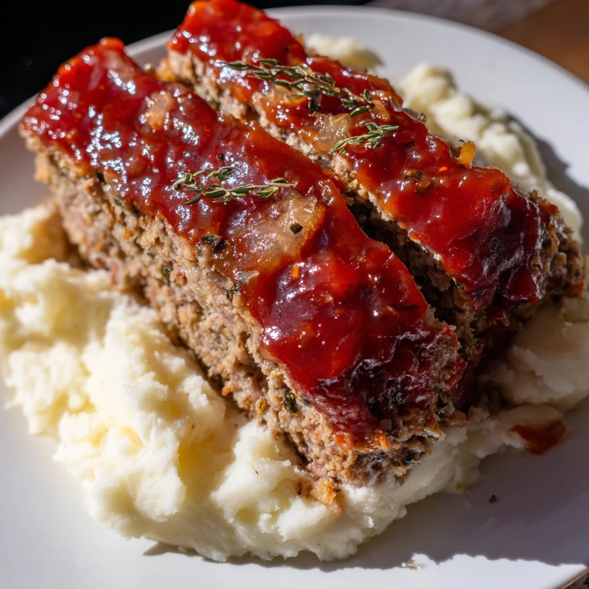 A close-up of a hearty, home-cooked classic meatloaf & mashed potatoes dinner, ready for a delicious meal.