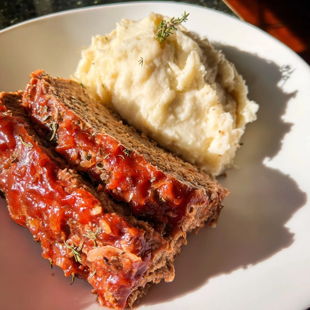Tender Classic meatloaf & mashed potatoes, beautifully presented, with a rich glaze and perfect creamy potatoes, ready to serve.