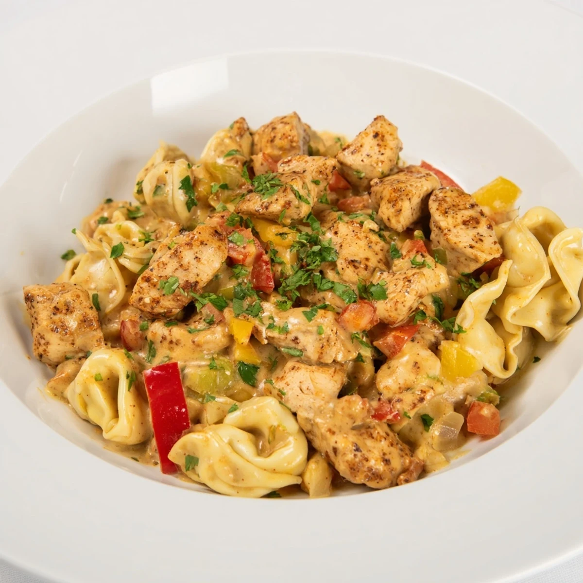 Zesty Cajun Garlic Parmesan Chicken Tortellini, a creamy, golden pasta dish with fresh parsley garnishing.