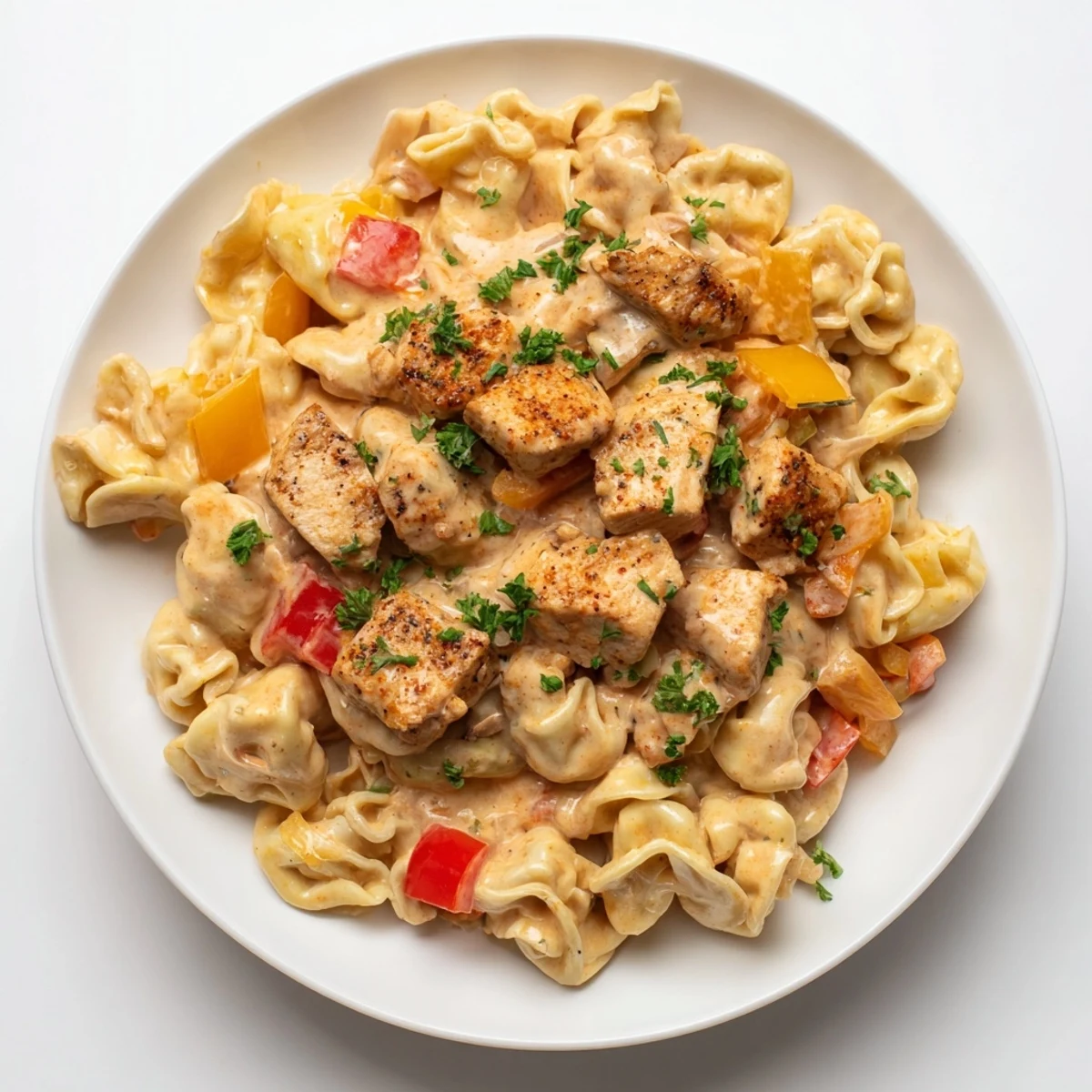A steaming bowl of Zesty Cajun Garlic Parmesan Chicken Tortellini, showcasing tender chicken and flavorful sauce.