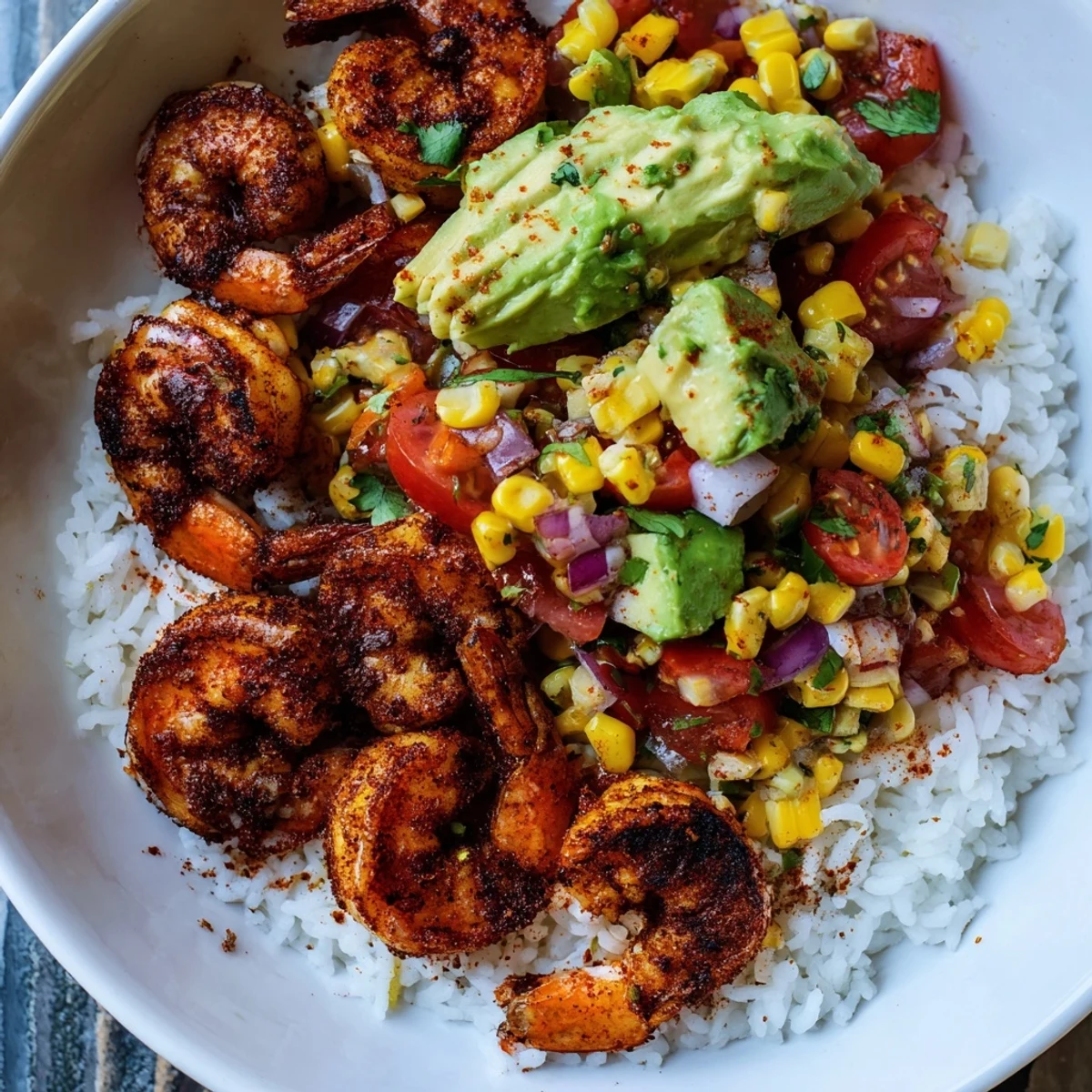 Easy Grilled Shrimp Bowl with Avocado Corn Salsa, ready to be devoured with fluffy rice and zesty salsa.
