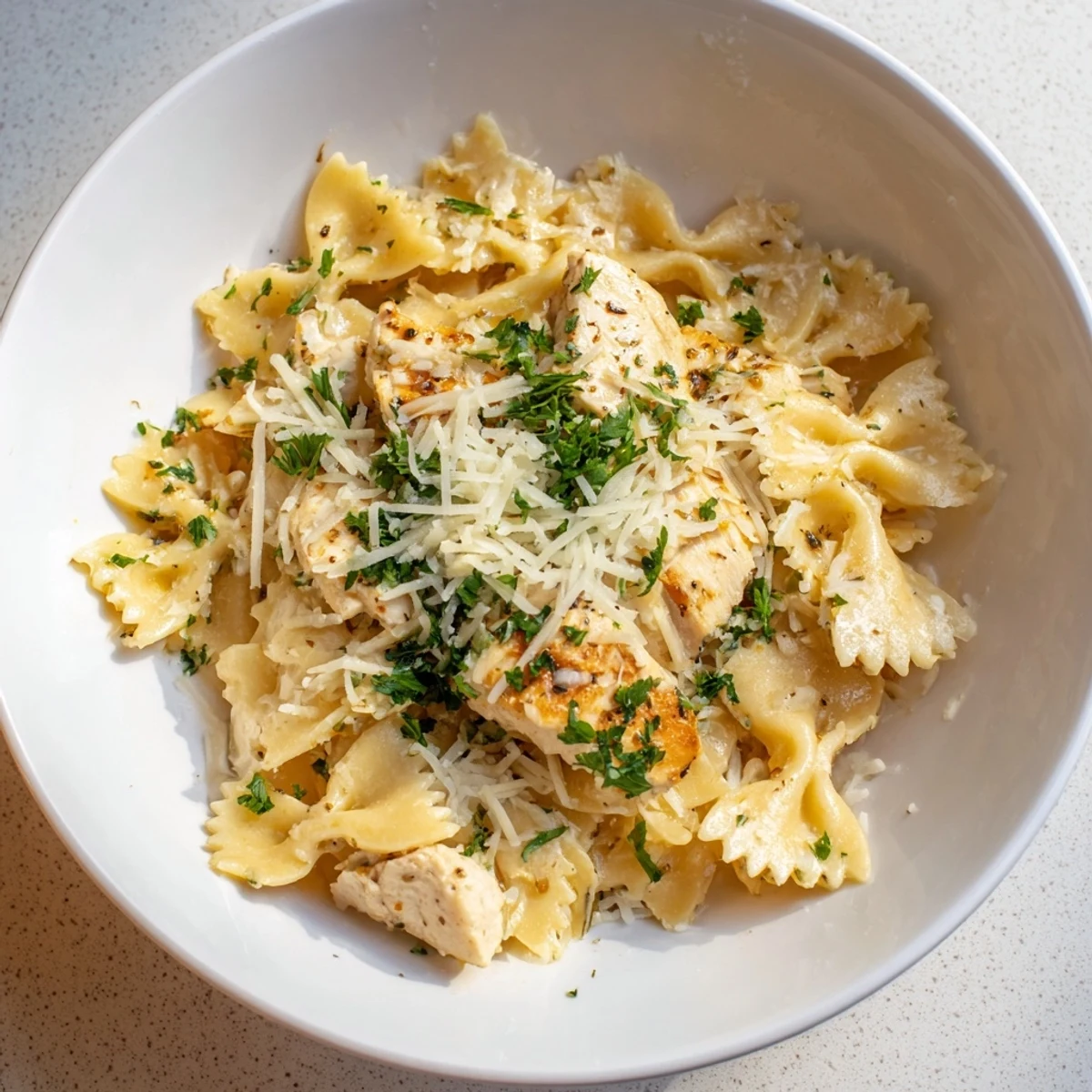 Creamy Mozzarella Garlic Butter Chicken Bowties, featuring tender chicken and bubbly mozzarella cheese.